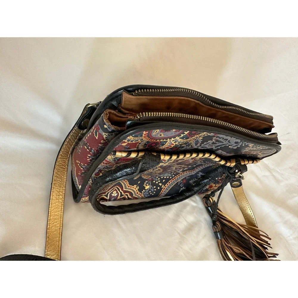 Patricia Nash Leather Paisley Satchel Crossbody Bag Metallic Red Navy Gold